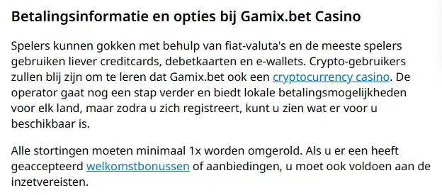 Gamix betaalmethoden voor Nederland: storten, EUR en crypto