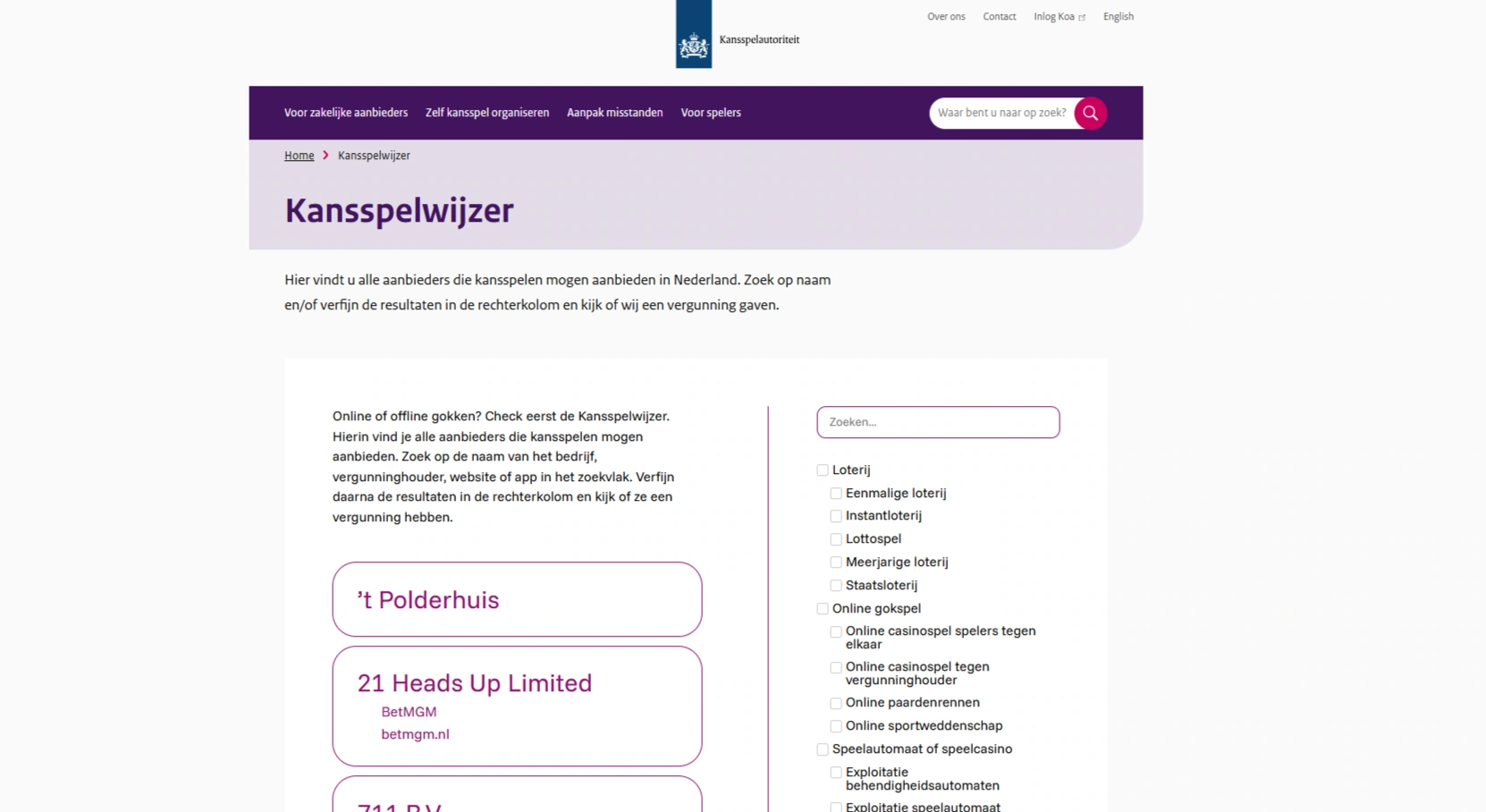 Kansspelwijzer van de Kansspelautoriteit met informatie over Nederlandse vergunninghouders
