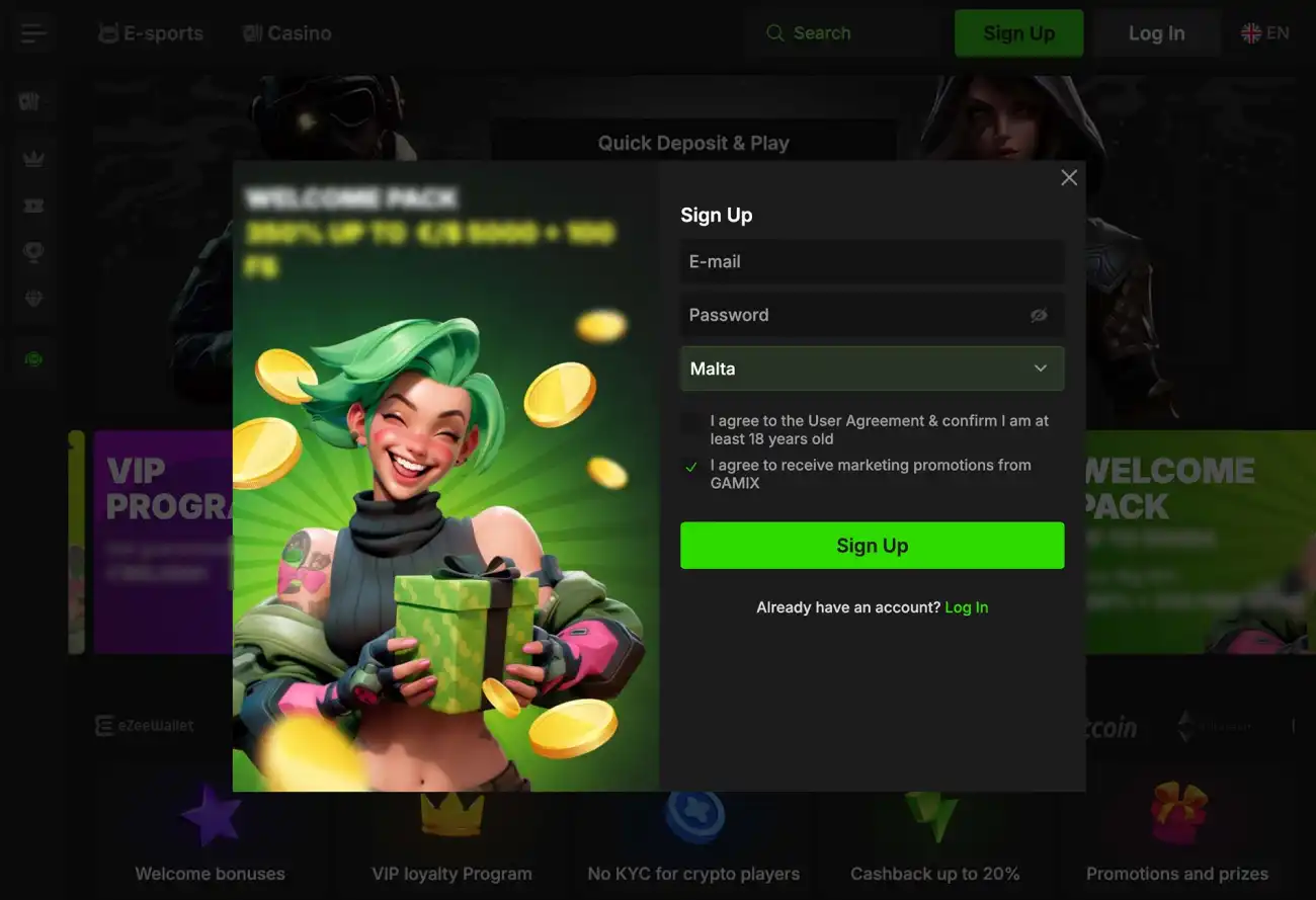 Registratiescherm van Gamix met velden voor het aanmaken van een spelersaccount