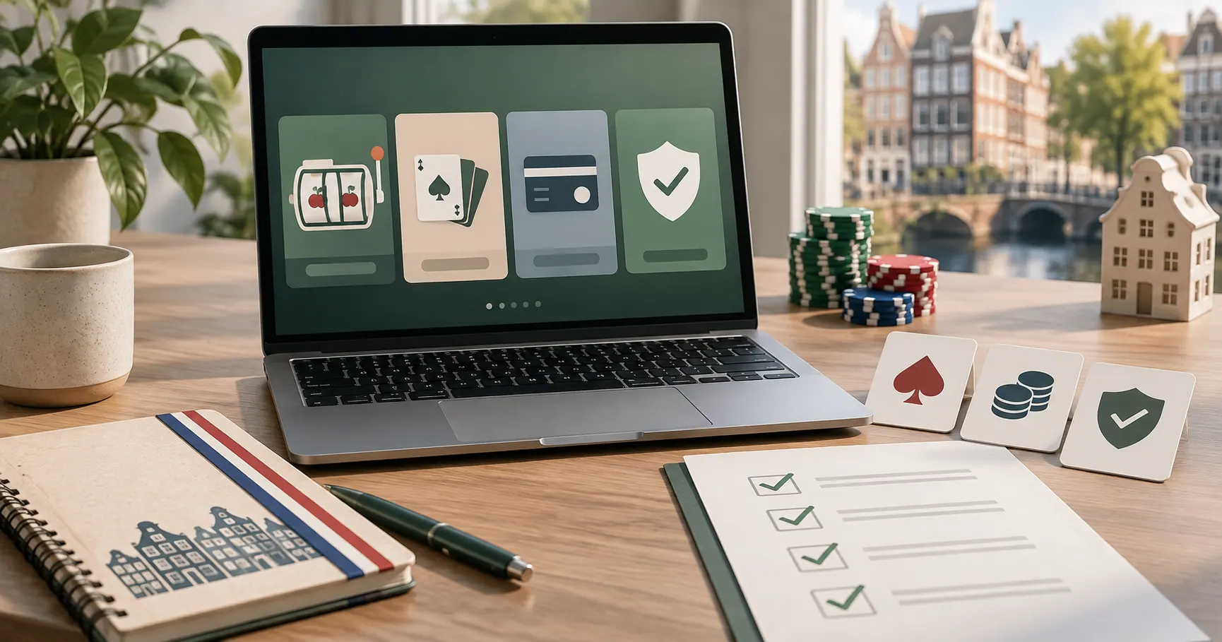 Laptop en notitieboek bij het vergelijken van casinoaanbod, betalingen en vergunningen